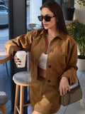 Zjkrl  -  Suede Short Jacket Mini Skirt Set Women Fashion Lapel Single Breasted Slim Coat A-line Skirts Autumn Lady Commute Outfit