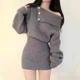 Zjkrl  -  Women Slash Neck Knitted Sexy Dress Solid Buttons Elegant Casual Off Shoulder Long Sleeve Dresses For Female Autumn Winter