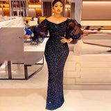 Zjkrl  -  Navy Blue Sequined Mermaid Prom Dresses Puffy Sheer Long Sleeves Evening Gowns Saudi Arabia Floor Length Party Dress