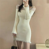 ZJKRL -  Sexy Chic Bodycon Knitted Mini Dresses for Women Mesh Patchwork Slim Casual Party Dress Solid Korean Fashion Autumn New Vestidos