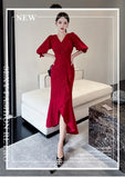 Zjkrl  -  Elegant Midi Red Mermaid Dress Women Autumn Korean Sexy V-neck Irregular Sequins Dress Vintage Casual Evening Party Dress