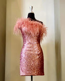 Zjkrl  -  Sequin Mini Hoco Dress Feather One-Shoulder Short Lady Formal Homecoming Party Gown Club Night Cocktail Prom Gala