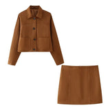 Zjkrl  -  Suede Short Jacket Mini Skirt Set Women Fashion Lapel Single Breasted Slim Coat A-line Skirts Autumn Lady Commute Outfit