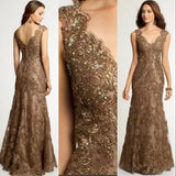 Zjkrl  -  Elegant Mermaid Trumpet V Neck Brown Lace Appliques Crystal Beaded Mother of the Bride Dress Formal Party Wedding Fashion