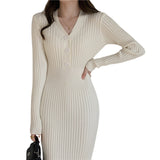 Vintage Knitted Sweater Long Sleeve Dresses Women Slim Bodycon Korean Elegant Fall Winter Button V Neck Sweater Midi Woman Dress