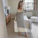 Zjkrl - Black White Striped Knitted Maxi Dress for Women Elegant Long Sleeve Slim Sweater Dress Autumn Winter Causal Long Dress 2023