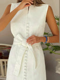 Summer Elegant Dress Women Women Sleeveless Button Decoration with Belts Formal Fragrant Breeze Formal White Dress vestidos