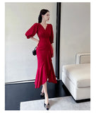 Zjkrl  -  Elegant Midi Red Mermaid Dress Women Autumn Korean Sexy V-neck Irregular Sequins Dress Vintage Casual Evening Party Dress