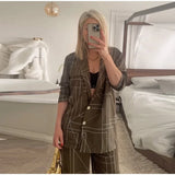 Zjkrl  -  Elegant Stripe Shirt Pants Set Women Casual Long Sleeve Turn-down Collar Blazer Wide Leg Trouser Summer Autumn Suit Lady