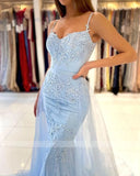 Zjkrl  -  Light Blue Mermaid Prom Dresses Long Sweetheart Appliques Lace Evening Dress Detachable Tulle Train Formal Party Gowns