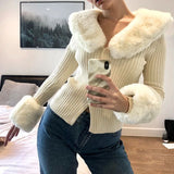 Zjkrl  -  Cardigan V-neck Knitted Sweater Fashion Warm Swif T Fur Collar Thick Winter  Long Sleeve Slim Coat Autumn Korea Blouses Y2k