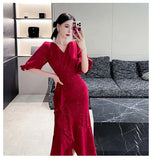 Zjkrl  -  Elegant Midi Red Mermaid Dress Women Autumn Korean Sexy V-neck Irregular Sequins Dress Vintage Casual Evening Party Dress