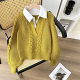 Zjkrl  -  Japanese Lazy Retro Design with Fake Two Sweaters for Autumn and Winter Women's Clothing