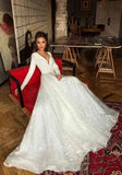 Zjkrl  -  Vintage Satin Lace Wedding Dresses Long Sleeve V-neck Backless Bridal Gowns White Vestido de Novia Elegant Open Back Long