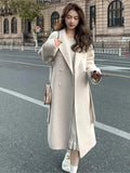 Zjkrl  -  Solid Lace Up Long Woolen Coat for Women Korean Loose Fashion Double Breasted Lapel Collar Female Autumn Winter Overcoats New