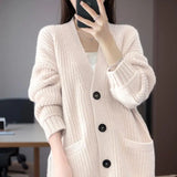 Zjkrl  -  Cashmere Blend Wool Soft Winter Warm Knitted V-neck Women's Cardigans Sweater Korean Fashion Casual Loose Long Sleeve Coat