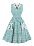 ZJKRL  -  Turquoise and White Gingham Retro 50s Rockabilly Dress Women V-Neck Cotton Pleated Pockets Vintage Pinup Dresses