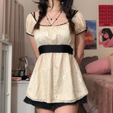 Zjkrl  -  New Lace Top Women's Waist Cinched Mesh Lace Shirt Medium Long Short Sleeved Lace T-shirt