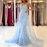 Zjkrl  -  Light Blue Mermaid Prom Dresses Long Sweetheart Appliques Lace Evening Dress Detachable Tulle Train Formal Party Gowns