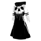 Women Gothic Hooded Dress Slight Stretch Sweatshirt Dresses Cat Hat Moon Print Tie Long Sleeve A-Line Mini Casual Dress