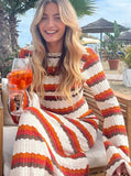 Women Elegant Striped Backless Knitted Maxi Dress Female Flare Long Sleeve O Neck Dresses 2023 Summer Female Casual Vestidos