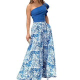 ZJKRL  -  Europe  Women's Amazon Personality Single Shoulder Sleeve Top + Printed Swing Skirt Two-piece Set