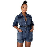 ZJKRL  -  Denim Rompers Womens Jumpsuit Shorts Fashion Turn Down Collar Short Sleeve Big Pockets Denim Playsuits