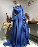 Zjkrl  -  Royal Blue Elegant Muslim Women Formal Dress Robes De Soirée Beads Dubai Arabic Evening Party Prom Dresses Long Sleeves