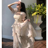 Retro Floral Print Dress Women Chic Square Collar Princess Style Midi Dress Female Puff Sleeve Korea Elegant Fairy Dress Vestido