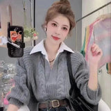 Zjkrl  -  Japanese Lazy Retro Design with Fake Two Sweaters for Autumn and Winter Women's Clothing