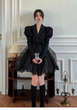 Zjkrl  -  Korean Black Mini Blazer Dress Women Elegant Vintage Chic Mesh Design Y2k Dress Winter Casual Sash Evening Party Dress One Piece