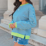 ZJKRL  -  Striped Contrasting Top Round Neck Patchwork Pullover Loose Casual Hoodie