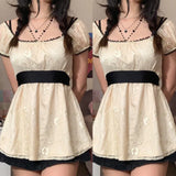 Zjkrl  -  New Lace Top Women's Waist Cinched Mesh Lace Shirt Medium Long Short Sleeved Lace T-shirt