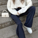 ZJKRL  -  Navy Blue Retro Striped Casual Wide Leg Pants New Fashionable and Versatile Women's Trousers