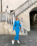 Zjkrl - Flared Long Sleeves Split Maxi Dress Women Fashion Blue O-neck Sweater Dresses Female Elegant Bodycon Vestidos