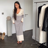 Zjkrl - Black White Striped Knitted Maxi Dress for Women Elegant Long Sleeve Slim Sweater Dress Autumn Winter Causal Long Dress 2023