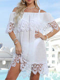 ZJKRL  -  New Sexy Embroidery Lace Off Shoulder Tunic Beach Cover Up Cover-ups Beach Dress Beach Wear Beachwear Female Women