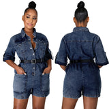 ZJKRL  -  Denim Rompers Womens Jumpsuit Shorts Fashion Turn Down Collar Short Sleeve Big Pockets Denim Playsuits