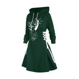 Women Gothic Hooded Dress Slight Stretch Sweatshirt Dresses Cat Hat Moon Print Tie Long Sleeve A-Line Mini Casual Dress