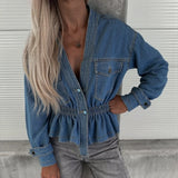 ZJKRL  -  Retro Spring Long Sleeved Commuting Denim Jacket Elegant Solid Waist Pocket Coat Ladies Casual V-neck Single Breasted Outerwear