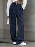 ZJKRL  -  Navy Blue Retro Striped Casual Wide Leg Pants New Fashionable and Versatile Women's Trousers