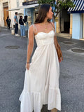 Sexy Linen Lace Up Dress Women White Sleeveless Backless Petal Holiday  A-line Long Dresses 2024 Summer Lady Beach Strap Robe