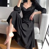 Zjkrl - Black Dress Women's Autumn New Black Long Sleeve Dress Hepburn Style V-neck Ankle-length Retro Korean Style Long Black Dress