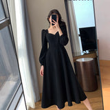 Zjkrl - Black Dress Women's Autumn New Black Long Sleeve Dress Hepburn Style V-neck Ankle-length Retro Korean Style Long Black Dress