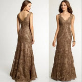 Zjkrl  -  Elegant Mermaid Trumpet V Neck Brown Lace Appliques Crystal Beaded Mother of the Bride Dress Formal Party Wedding Fashion