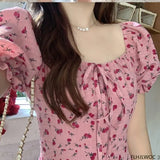 Zjkrl - Korean Chic Dress Elegant Temperament New 2024 Woman Japan Floral Print V Neck A Line Lace-Up Bow Tie Retro Vintage Cute Dress