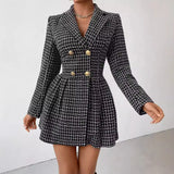 ZJKRL  -  Women's Winter New Fashion Plaid Temperament Commuting V-neck Long Sleeved Skirt Jacket