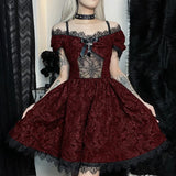 Zjkrl  -  Halloween Women Black Dress Sexy Y2k Gothic Lace Dress Lolita Vintage Party Slim Short Red Dresses Hollow Out Elegant Fashion