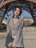 Zjkrl  -  French Pleated Long Sleeve Dresses for Women Elegant V Neck Flare Sleeve Ruffles Midi Vestiods Mujer Autumn Vintage Clothes