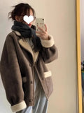 Zjkrl  -  Winter Fashion Brown Patchwork Faux Fur Velvet Cotton Jacket Women Long Sleeve Single-sided Warm Lapel Coat Female Casual Trend